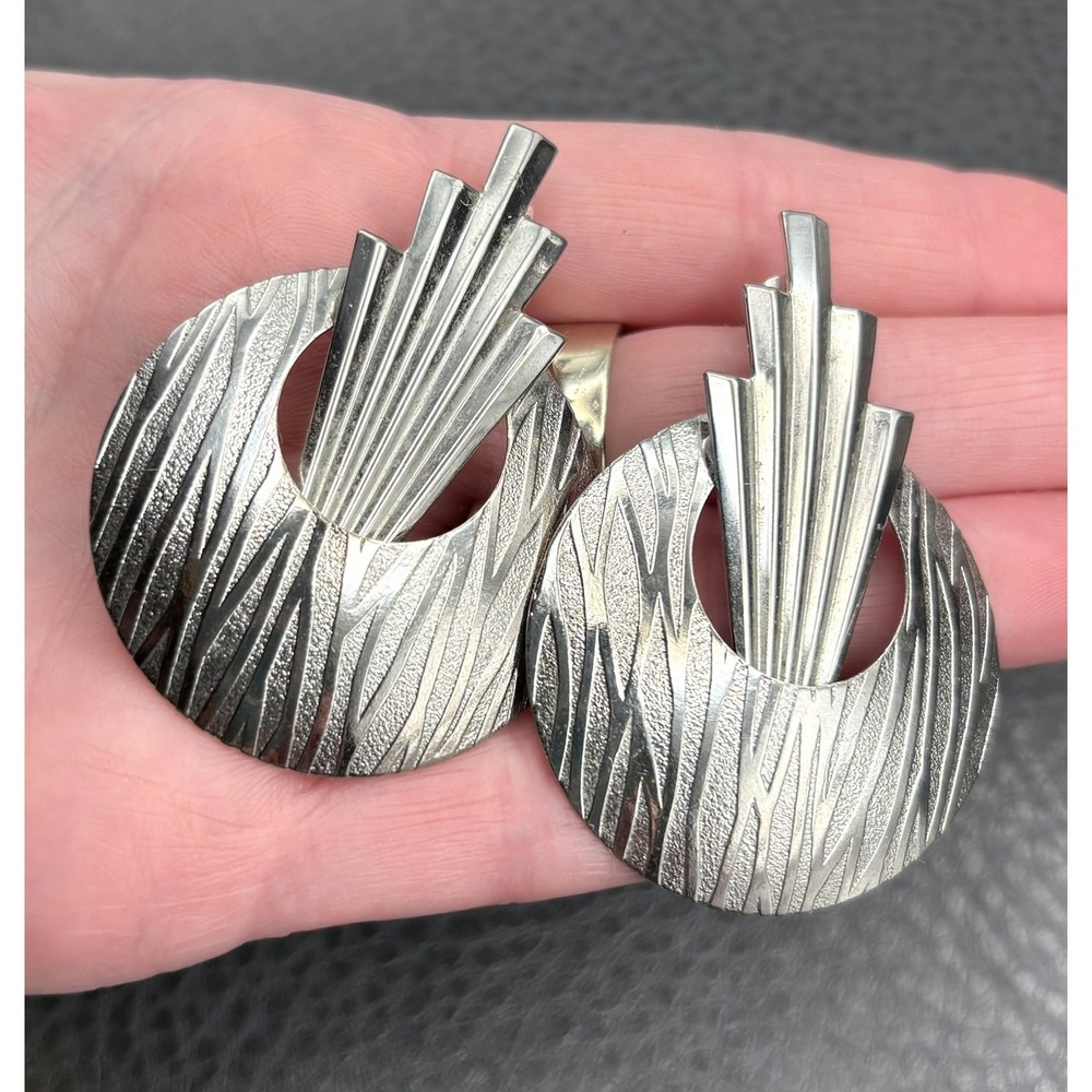 HUGE 80s VINTAGE Modernist Silver Tone Space Age PIERCED RUNWAY Earrings